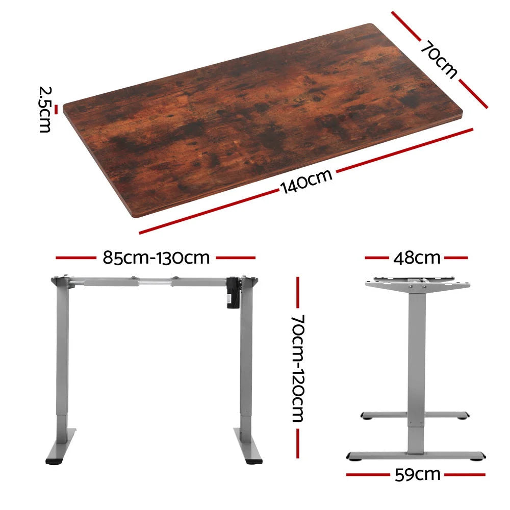 Brown 140cm standing desk with adjustable worktop and steel base