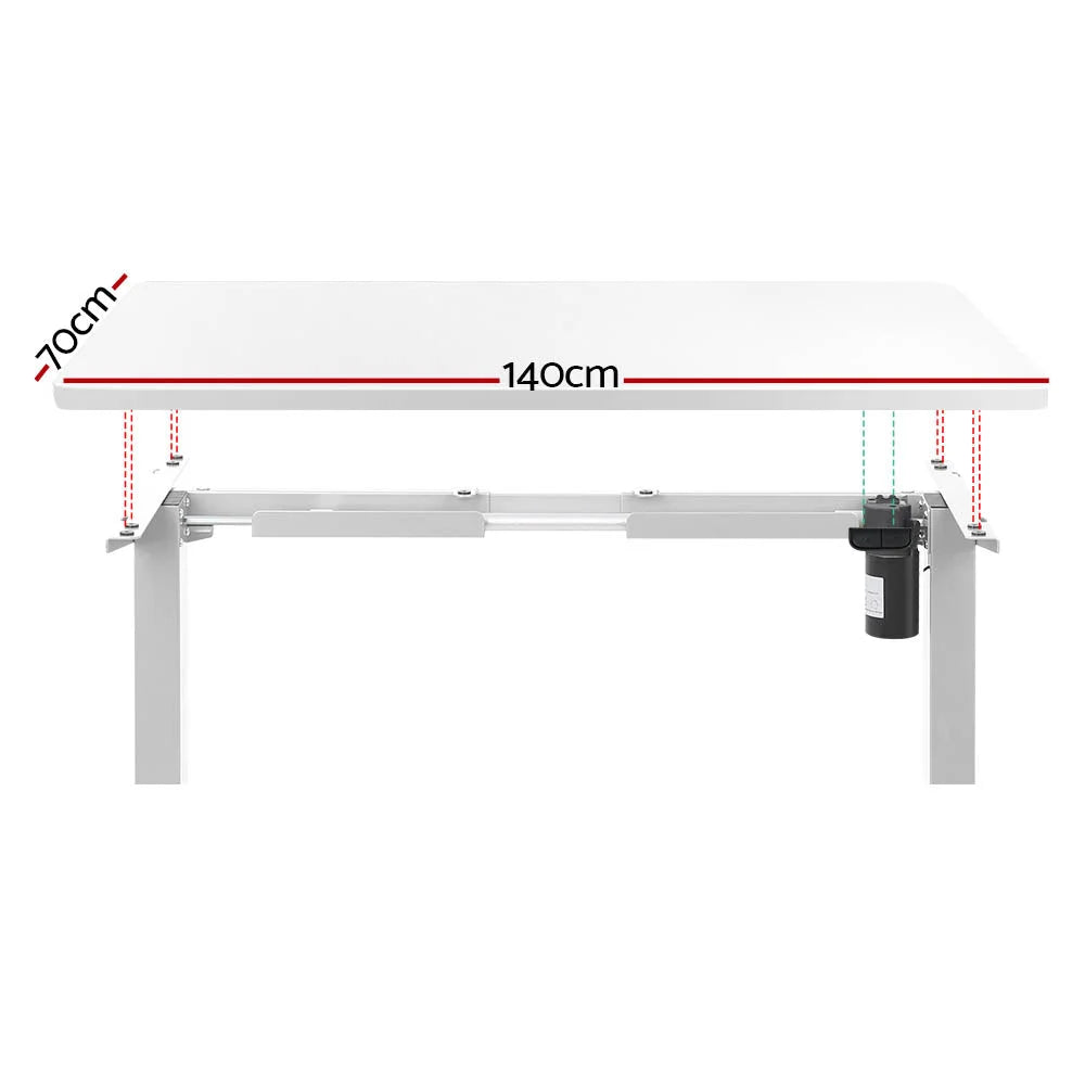 White 140cm standing desk with adjustable worktop and steel base
