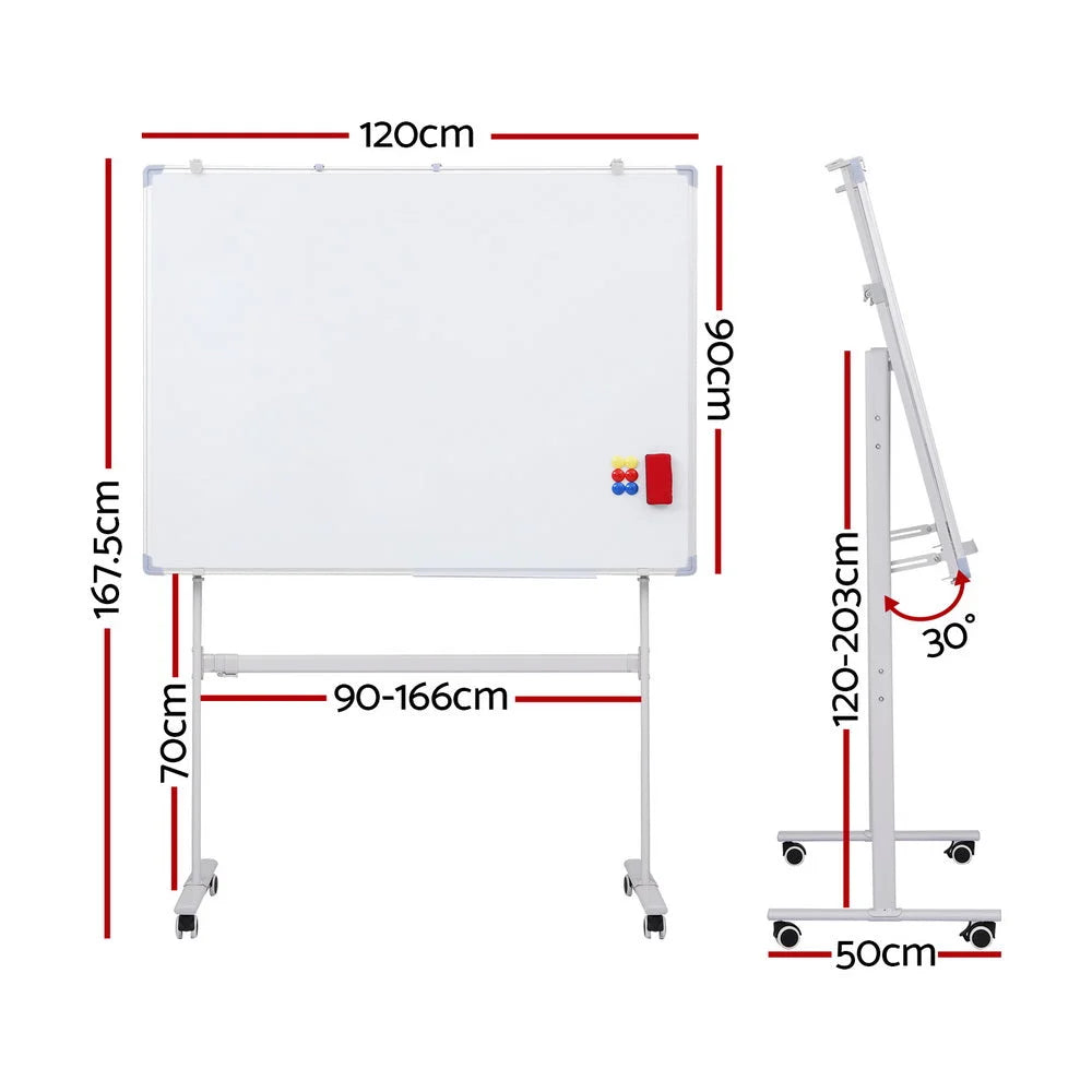 90x120cm standing whiteboard wheels with tiered shelves and metal supports