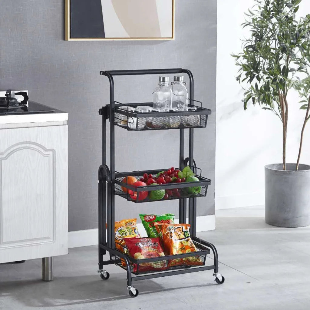 Steel Black Adjustable Kitchen Cart 3 Tier Multi-Functional Shelves Portable Storage Organizer with Wheels