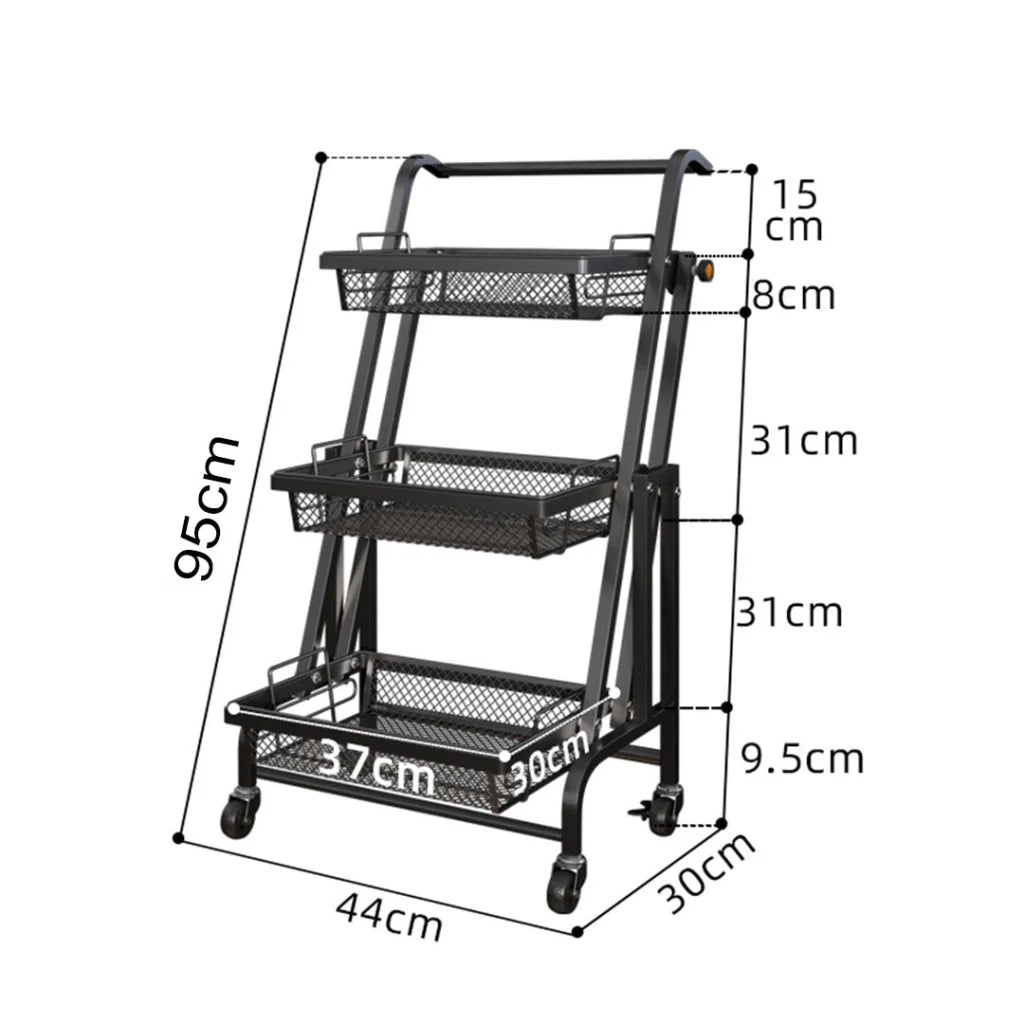 Steel Black Adjustable Kitchen Cart 3 Tier Multi-Functional Shelves Portable Storage Organizer with Wheels