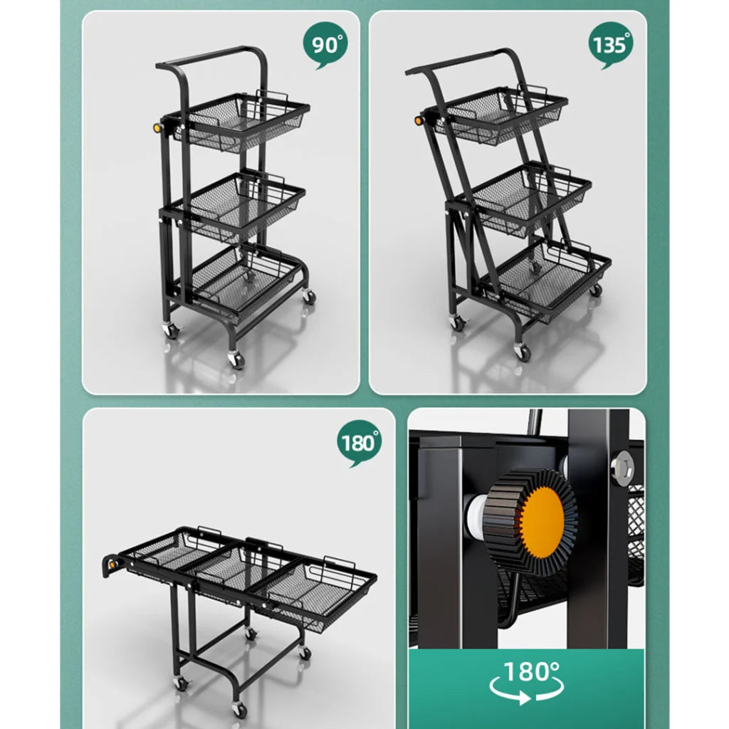 Steel Black Adjustable Kitchen Cart 3 Tier Multi-Functional Shelves Portable Storage Organizer with Wheels