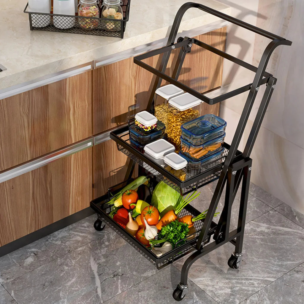 Steel Black Adjustable Kitchen Cart 3 Tier Multi-Functional Shelves Portable Storage Organizer with Wheels