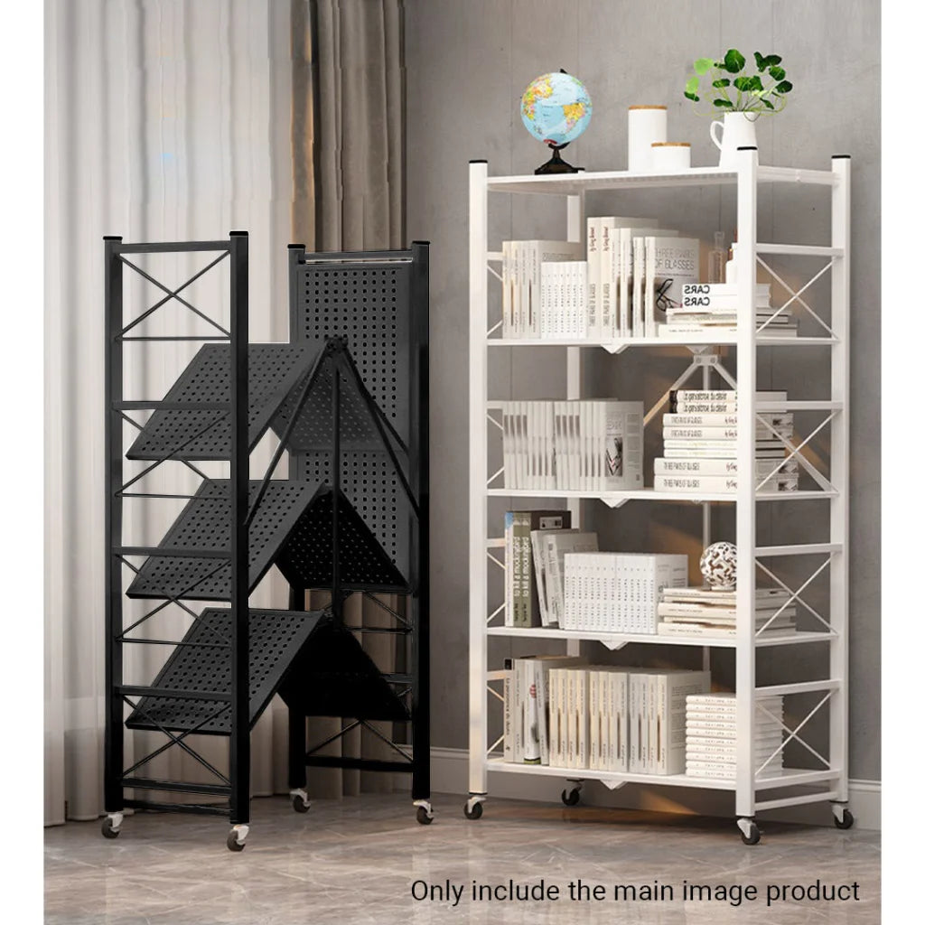 Steel Black Foldable Display Stand 4 Tier Multi-Functional Shelves Portable Storage Organizer with Wheels