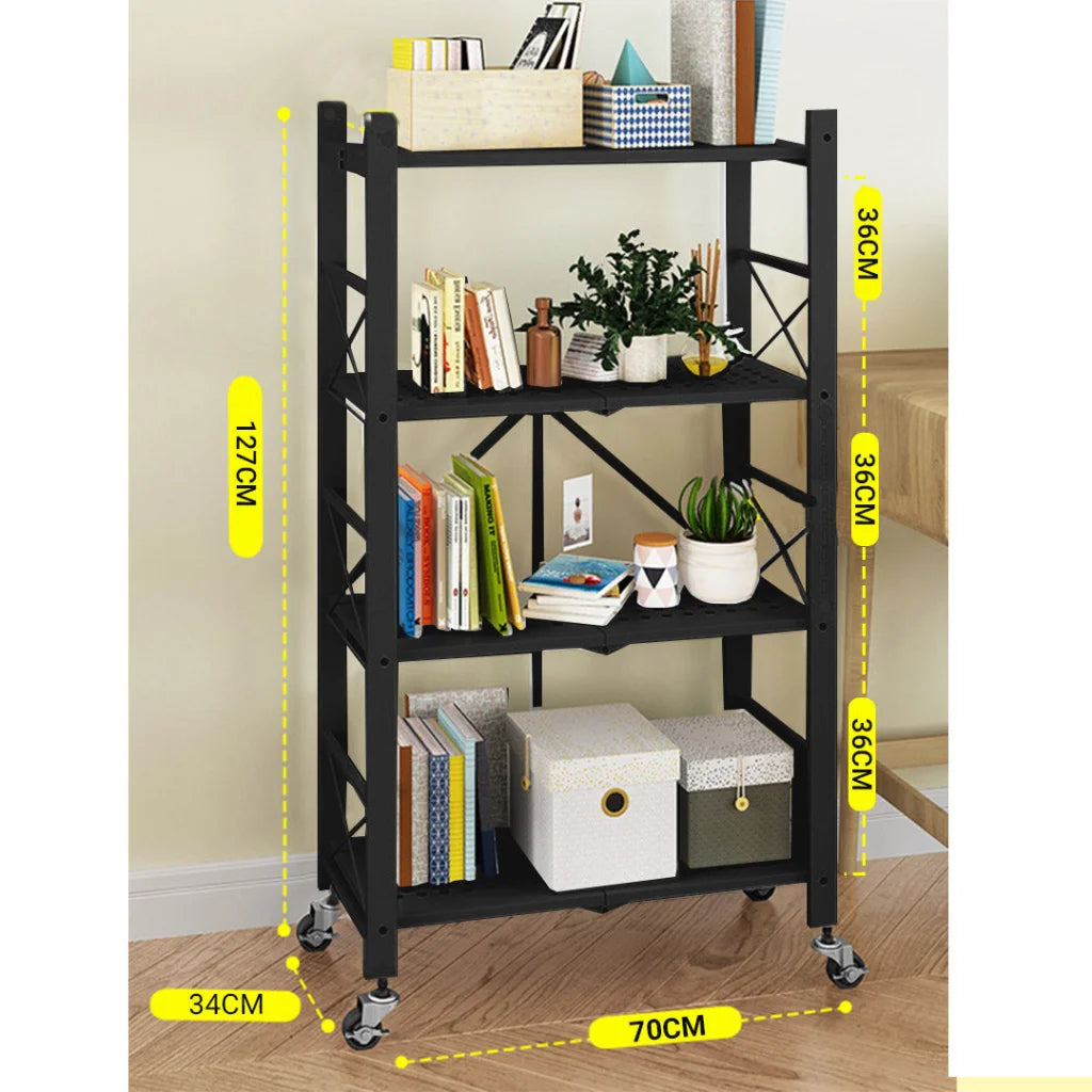 Steel Black Foldable Display Stand 4 Tier Multi-Functional Shelves Portable Storage Organizer with Wheels