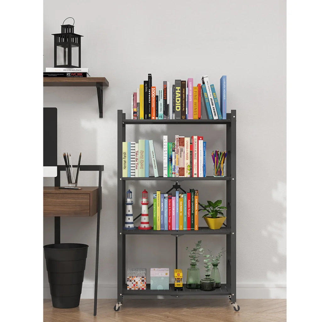 Steel Black Foldable Display Stand 4 Tier Multi-Functional Shelves Portable Storage Organizer with Wheels