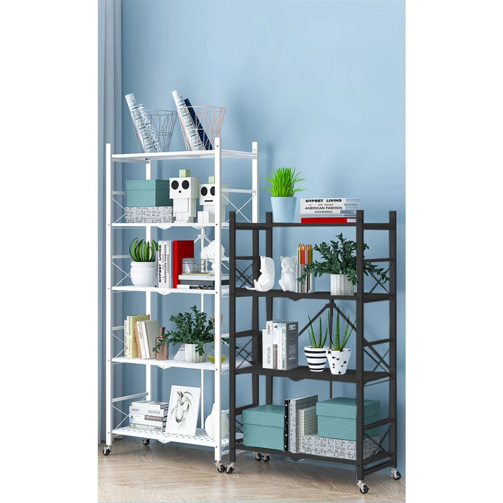 Steel Black Foldable Display Stand 4 Tier Multi-Functional Shelves Portable Storage Organizer with Wheels