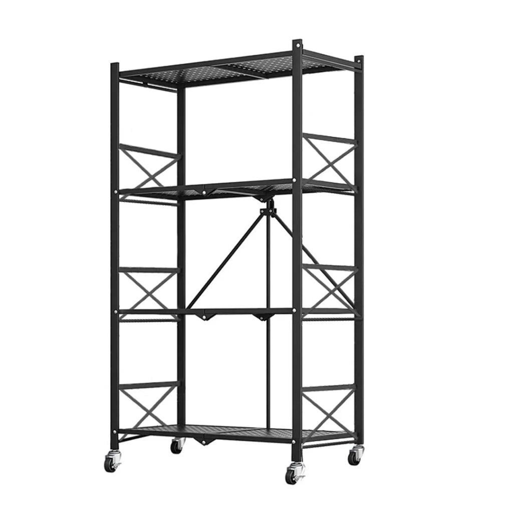 Steel Black Foldable Display Stand 4 Tier Multi-Functional Shelves Portable Storage Organizer with Wheels
