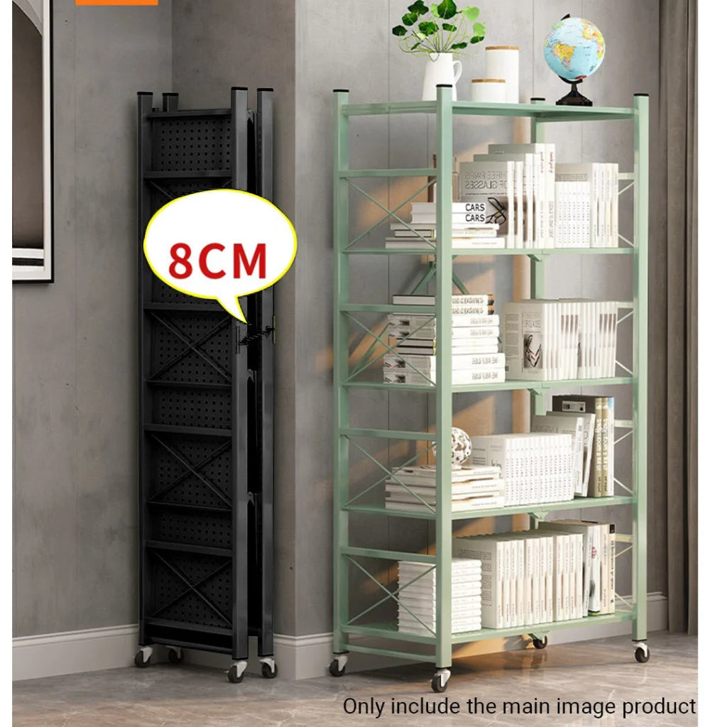 Steel Black Foldable Display Stand 4 Tier Multi-Functional Shelves Portable Storage Organizer with Wheels