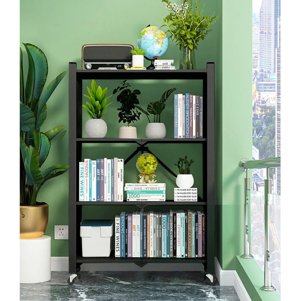 Steel Black Foldable Display Stand 4 Tier Multi-Functional Shelves Portable Storage Organizer with Wheels