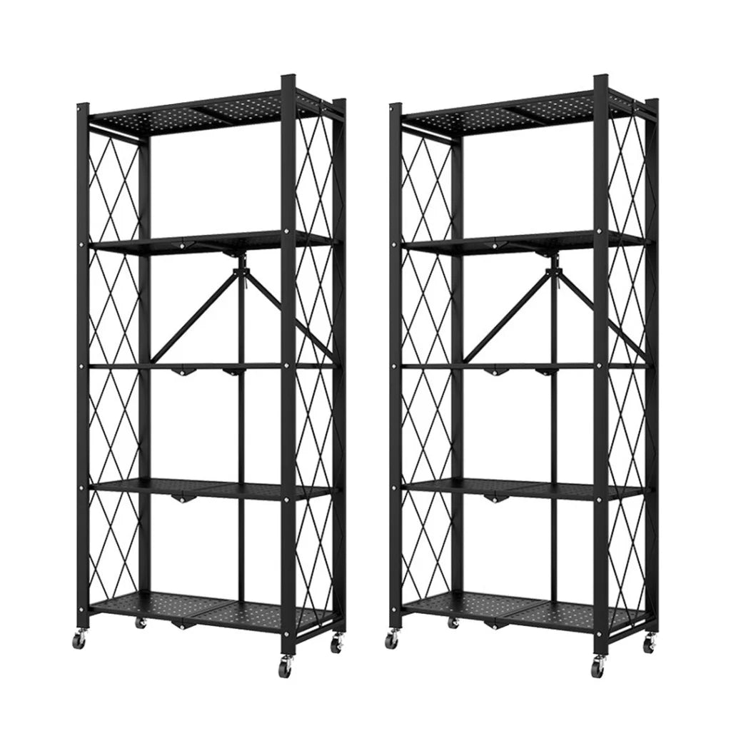 Steel Black Foldable Kitchen Cart 2X 5 Tier Multi-Functional Shelves Portable Storage Organizer with Wheels