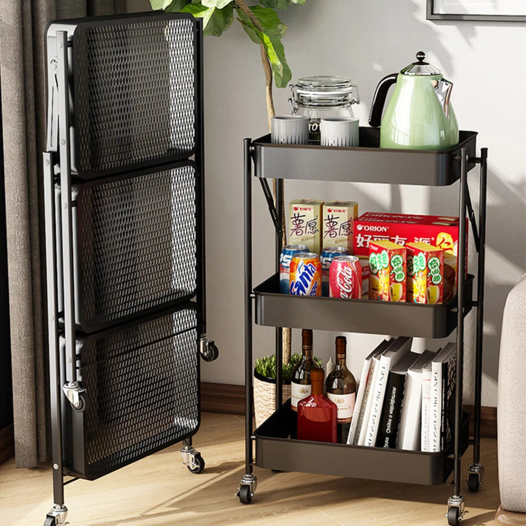 Steel Black Foldable Kitchen Cart 3 Tier Multi-Functional Shelves Portable Storage Organizer with Wheels
