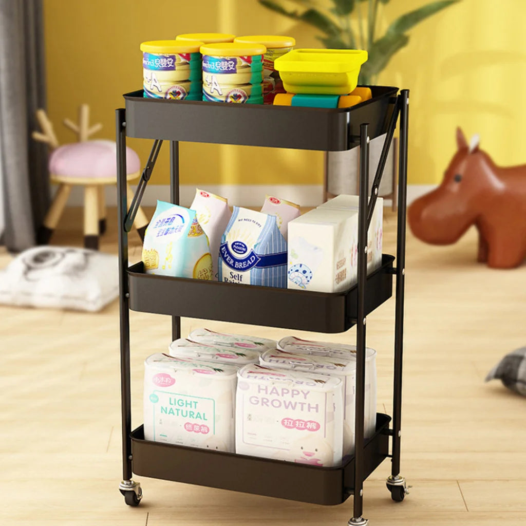 Steel Black Foldable Kitchen Cart 3 Tier Multi-Functional Shelves Portable Storage Organizer with Wheels