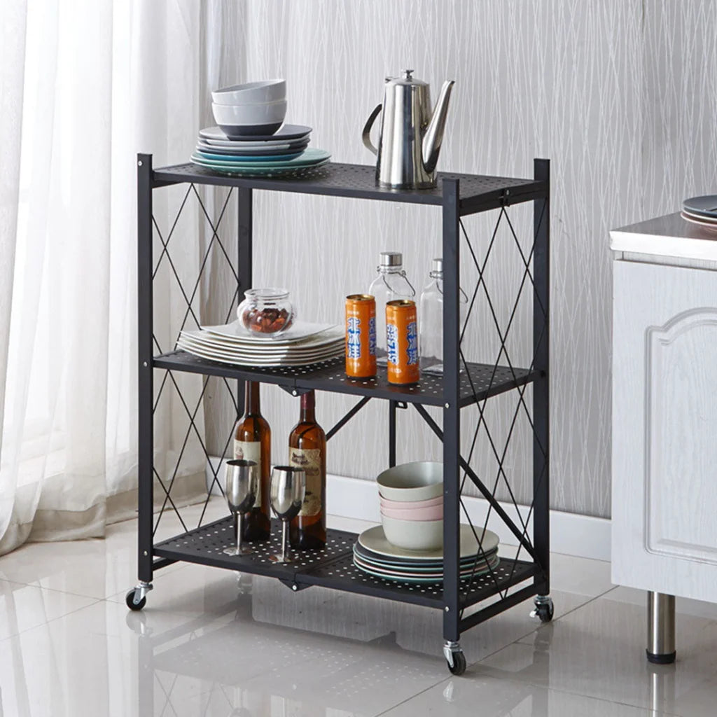 Steel Black Foldable Kitchen Cart 3 Tier Multi-Functional Shelves Portable Storage Organizer with Wheels