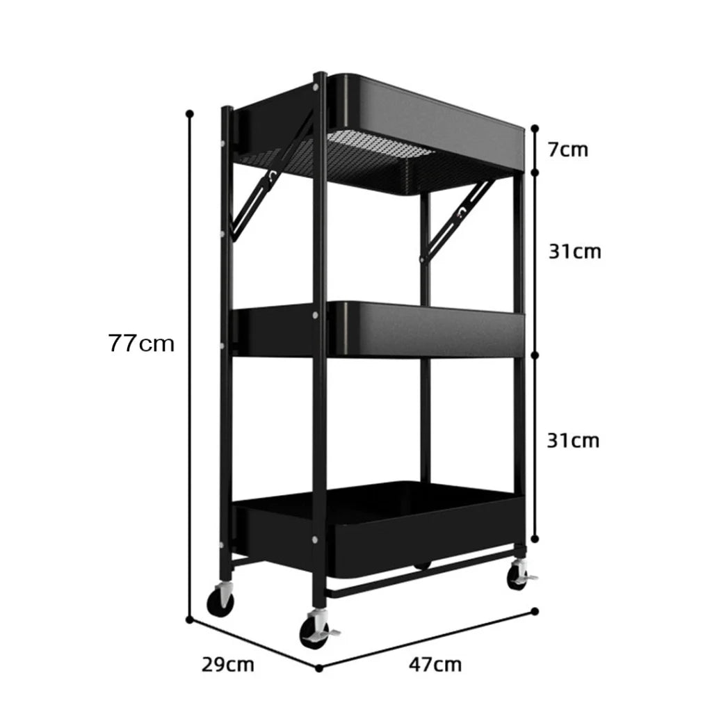Steel Black Foldable Kitchen Cart 3 Tier Multi-Functional Shelves Portable Storage Organizer with Wheels