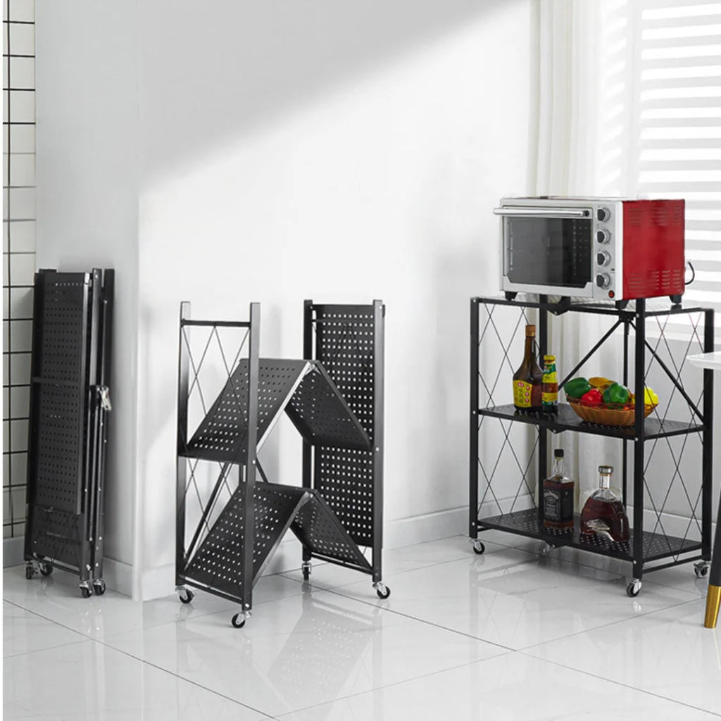 Steel Black Foldable Kitchen Cart 3 Tier Multi-Functional Shelves Portable Storage Organizer with Wheels