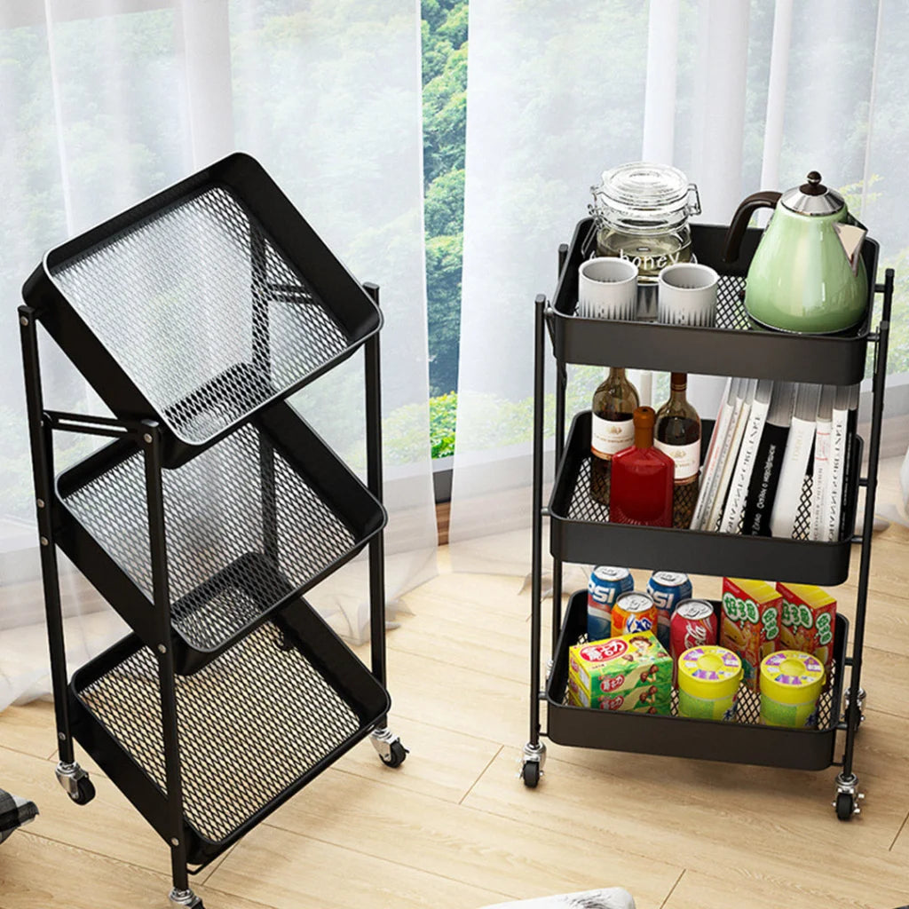 Steel Black Foldable Kitchen Cart 3 Tier Multi-Functional Shelves Portable Storage Organizer with Wheels