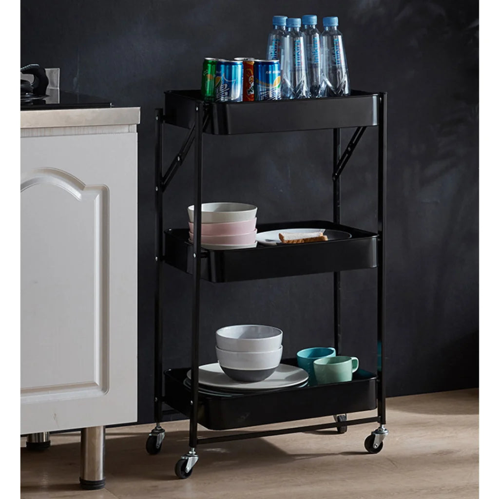 Steel Black Foldable Kitchen Cart 3 Tier Multi-Functional Shelves Portable Storage Organizer with Wheels