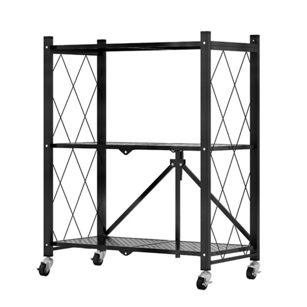 Steel Black Foldable Kitchen Cart 3 Tier Multi-Functional Shelves Portable Storage Organizer with Wheels