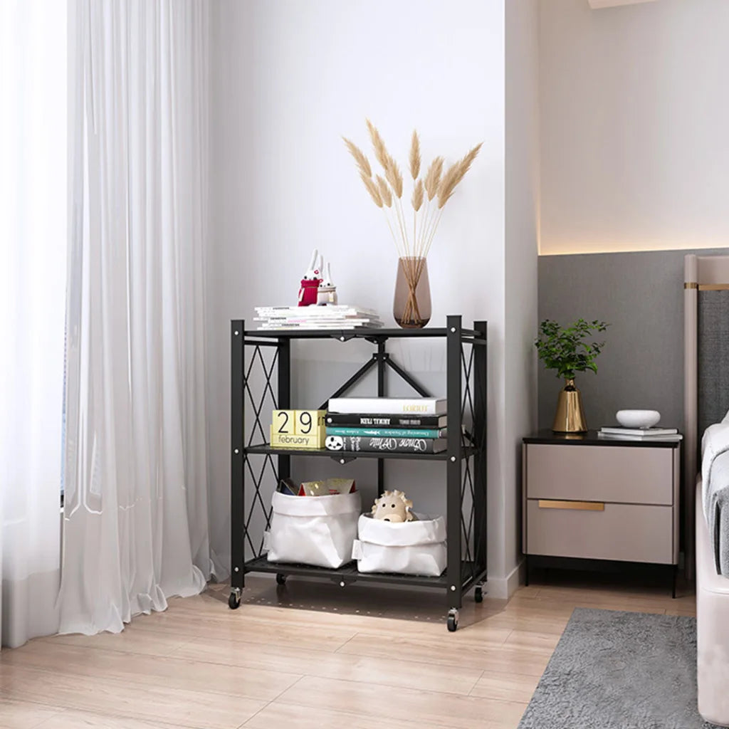 Steel Black Foldable Kitchen Cart 3 Tier Multi-Functional Shelves Portable Storage Organizer with Wheels