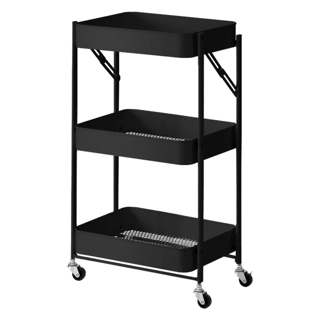 Steel Black Foldable Kitchen Cart 3 Tier Multi-Functional Shelves Portable Storage Organizer with Wheels
