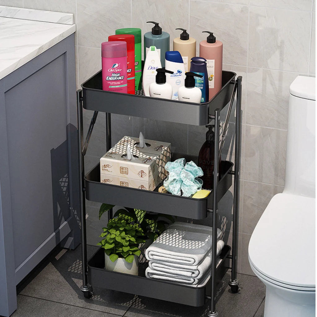 Steel Black Foldable Kitchen Cart 3 Tier Multi-Functional Shelves Portable Storage Organizer with Wheels
