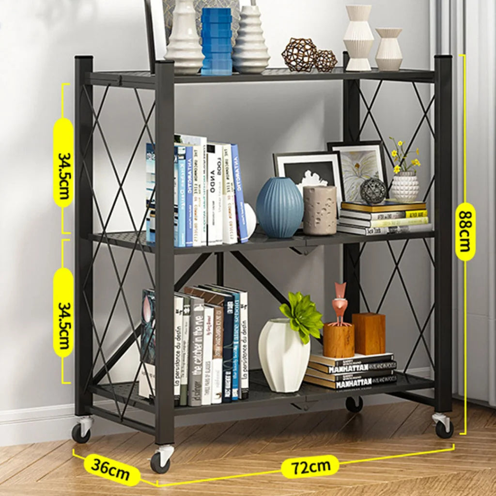 Steel Black Foldable Kitchen Cart 3 Tier Multi-Functional Shelves Portable Storage Organizer with Wheels
