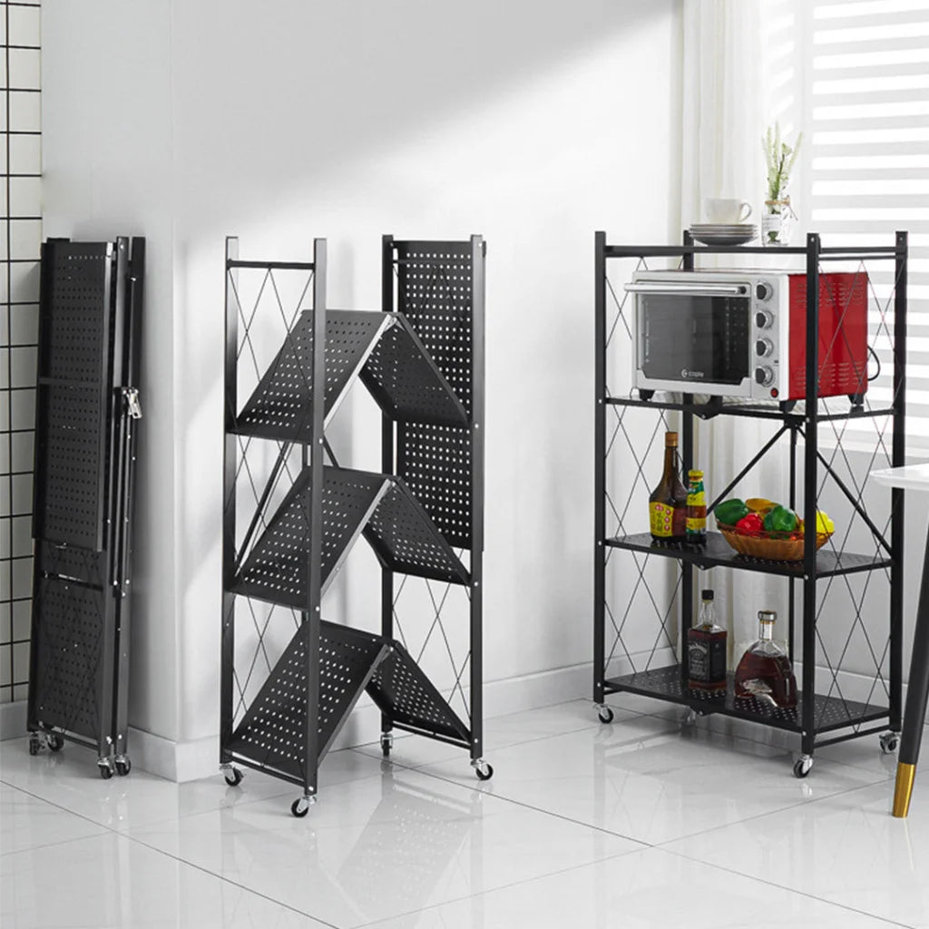Steel Black Foldable Kitchen Cart 4 Tier Multi-Functional Shelves Portable Storage Organizer with Wheels