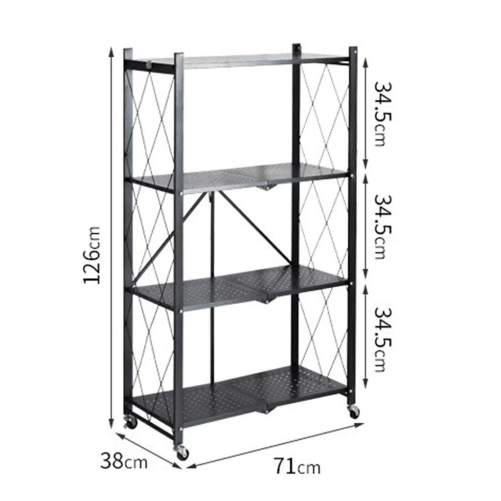 Steel Black Foldable Kitchen Cart 4 Tier Multi-Functional Shelves Portable Storage Organizer with Wheels