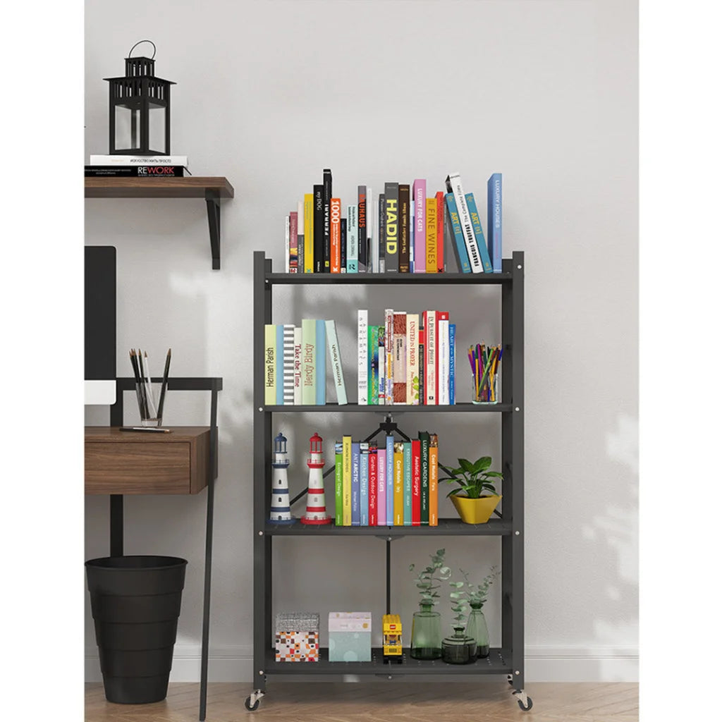 Steel Black Foldable Kitchen Cart 4 Tier Multi-Functional Shelves Portable Storage Organizer with Wheels