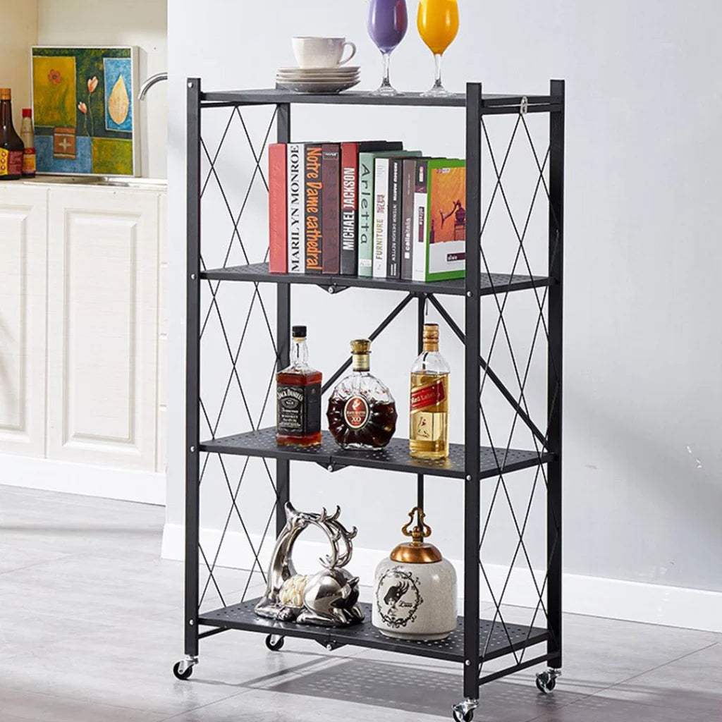 Steel Black Foldable Kitchen Cart 4 Tier Multi-Functional Shelves Portable Storage Organizer with Wheels