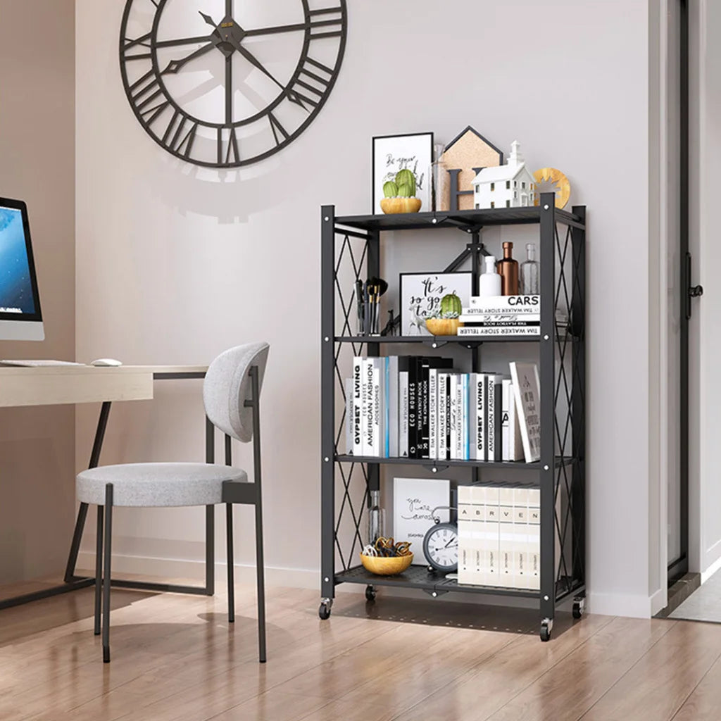 Steel Black Foldable Kitchen Cart 4 Tier Multi-Functional Shelves Portable Storage Organizer with Wheels