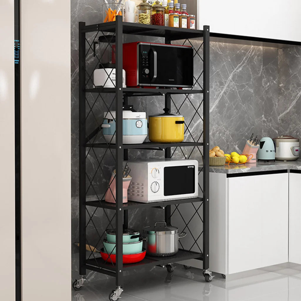 Steel Black Foldable Kitchen Cart 5 Tier Multi-Functional Shelves Portable Storage Organizer with Wheels