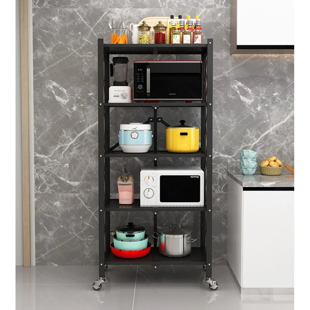 Steel Black Foldable Kitchen Cart 5 Tier Multi-Functional Shelves Portable Storage Organizer with Wheels