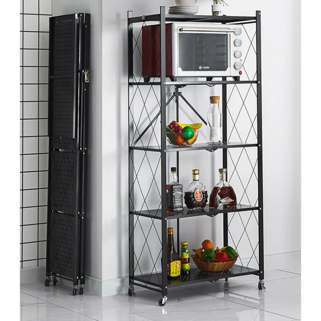 Steel Black Foldable Kitchen Cart 5 Tier Multi-Functional Shelves Portable Storage Organizer with Wheels