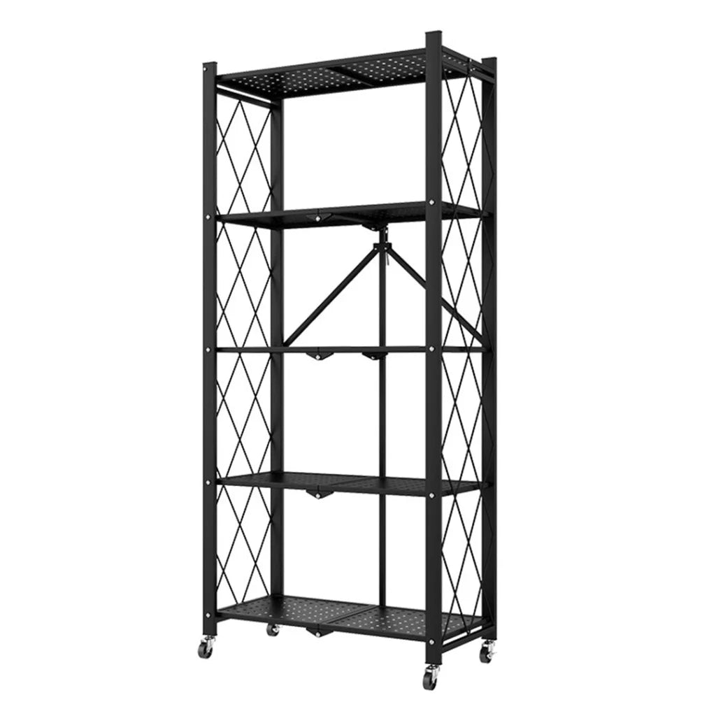 Steel Black Foldable Kitchen Cart 5 Tier Multi-Functional Shelves Portable Storage Organizer with Wheels