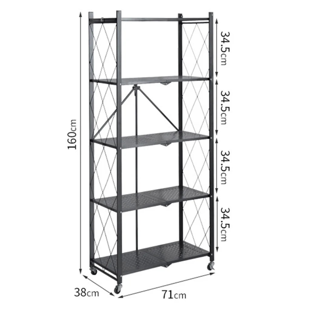 Steel Black Foldable Kitchen Cart 5 Tier Multi-Functional Shelves Portable Storage Organizer with Wheels