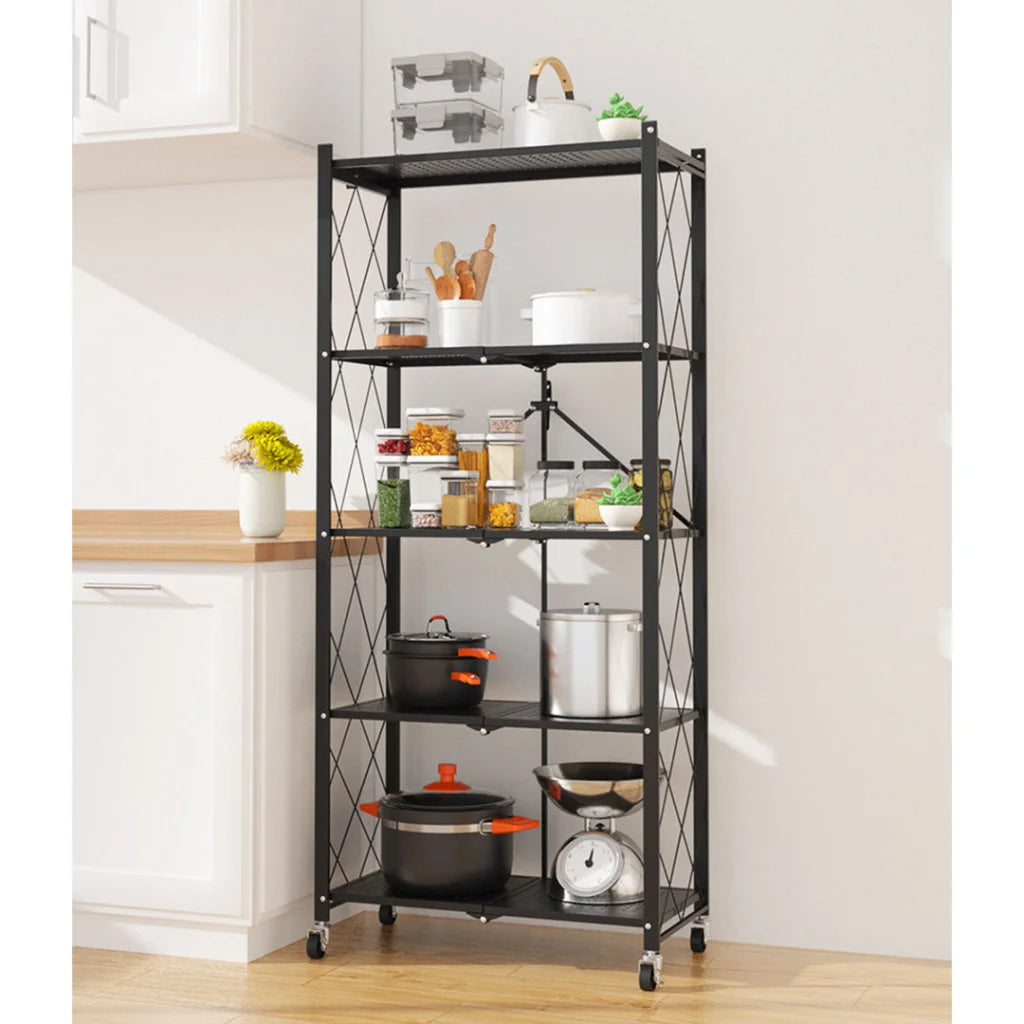 Steel Black Foldable Kitchen Cart 5 Tier Multi-Functional Shelves Portable Storage Organizer with Wheels