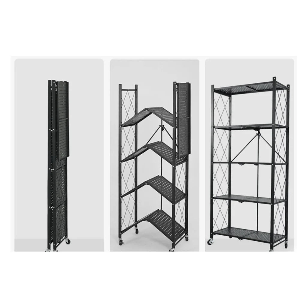 Steel Black Foldable Kitchen Cart 5 Tier Multi-Functional Shelves Portable Storage Organizer with Wheels