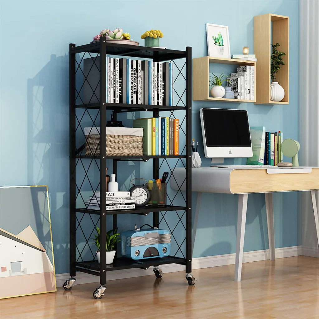 Steel Black Foldable Kitchen Cart 5 Tier Multi-Functional Shelves Portable Storage Organizer with Wheels