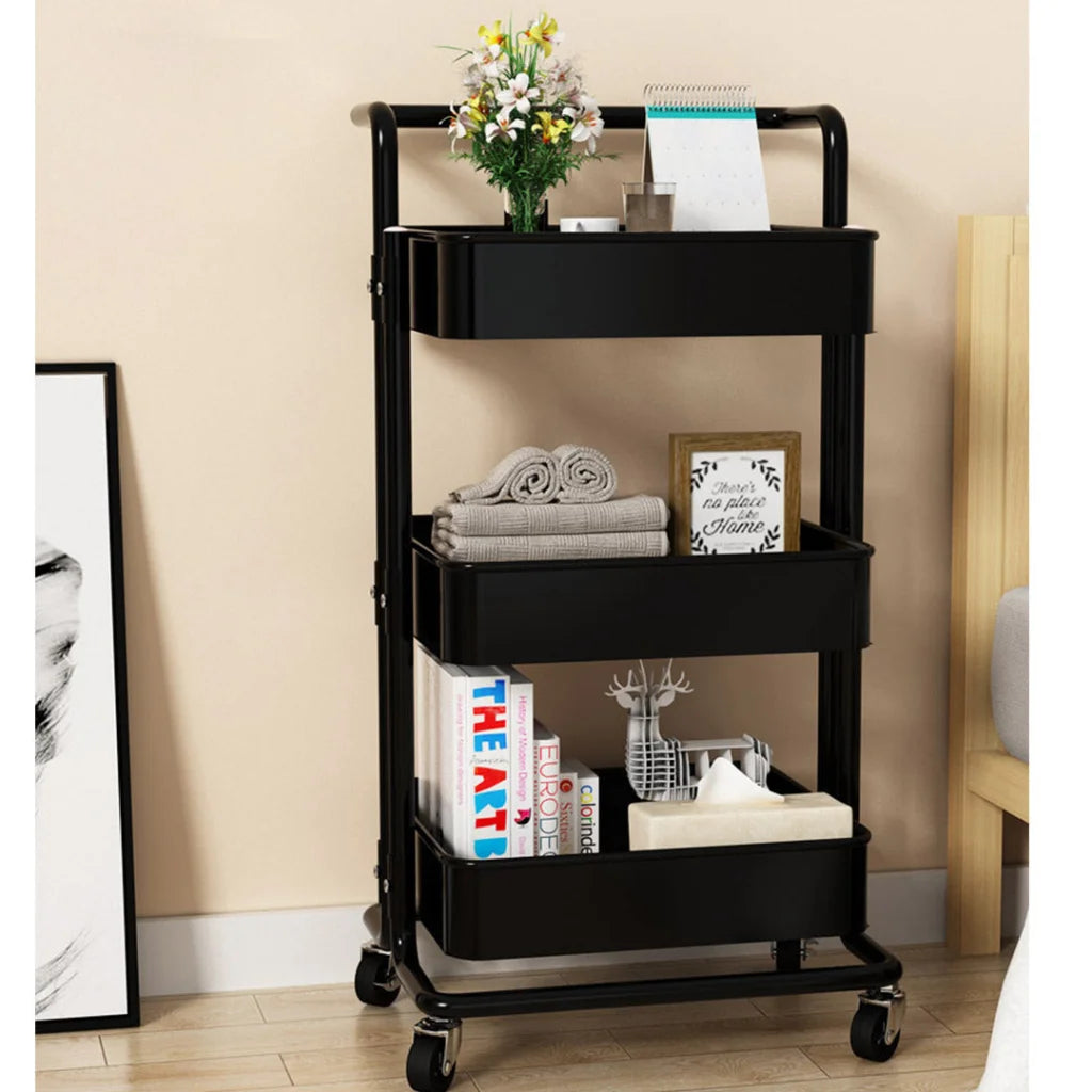 Steel Black Movable Kitchen Cart 3 Tier Multi-Functional Shelves Portable Storage Organizer with Wheels