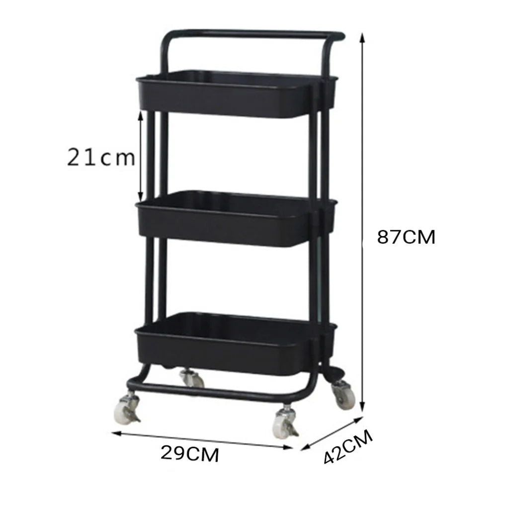 Steel Black Movable Kitchen Cart 3 Tier Multi-Functional Shelves Portable Storage Organizer with Wheels