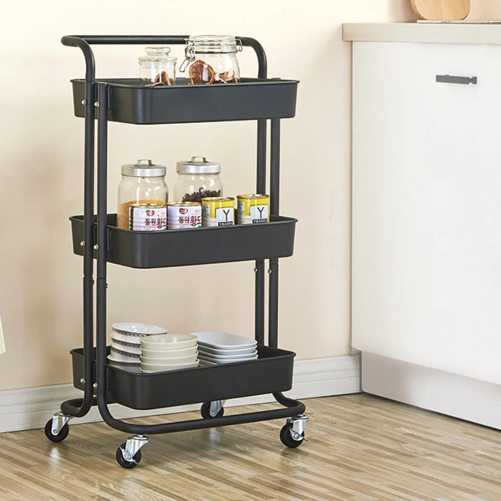 Steel Black Movable Kitchen Cart 3 Tier Multi-Functional Shelves Portable Storage Organizer with Wheels