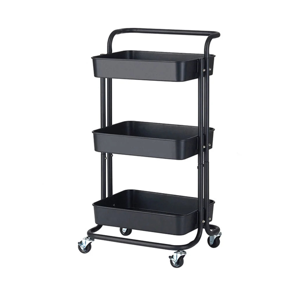 Steel Black Movable Kitchen Cart 3 Tier Multi-Functional Shelves Portable Storage Organizer with Wheels
