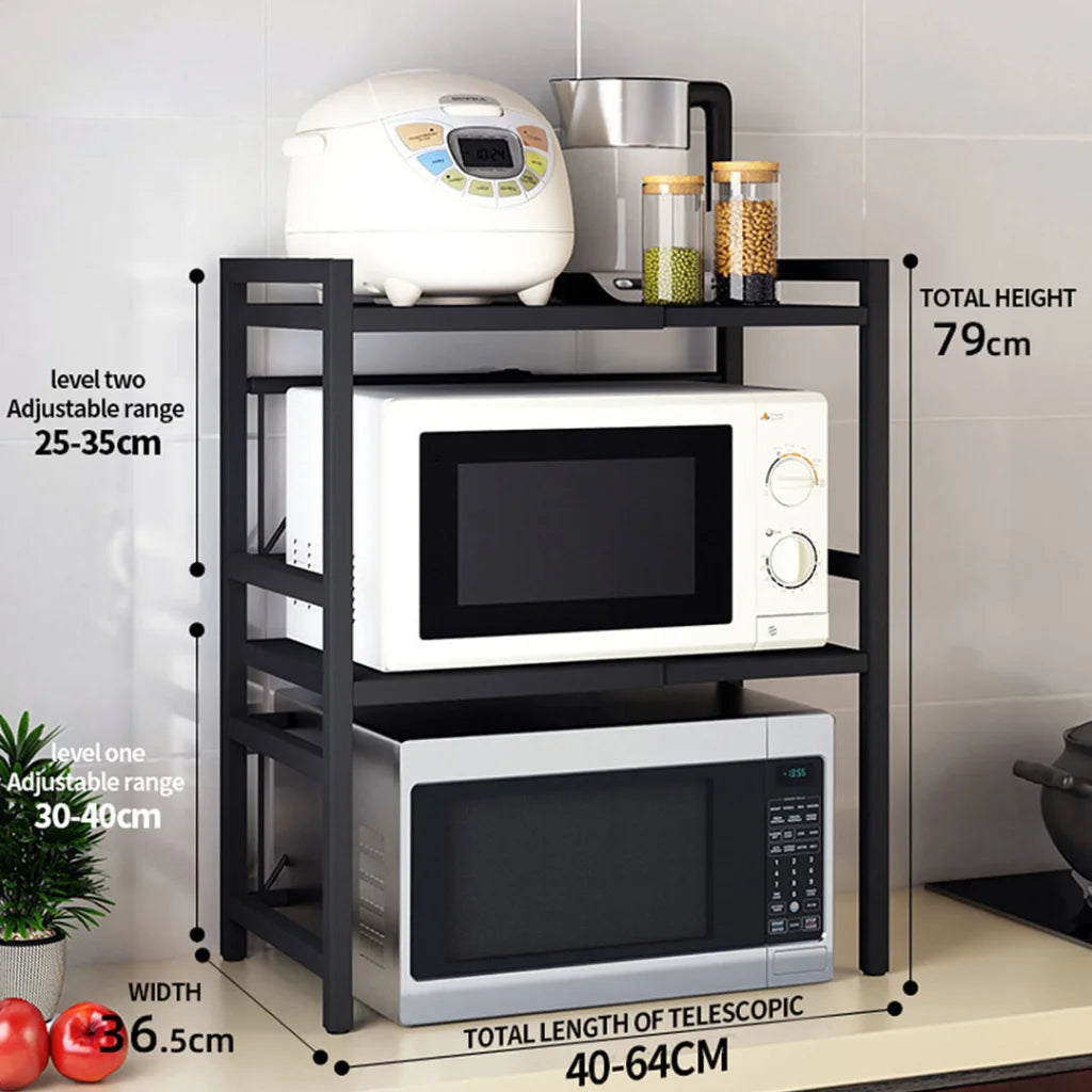 Steel Black Retractable Kitchen Microwave Oven Stand 2X 3 Tier Multi-Functional Shelves Storage Organizer