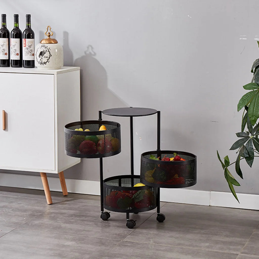 Steel Round Rotating Kitchen Cart 3 Tier Multi-Functional Shelves Portable Storage Organizer with Wheels