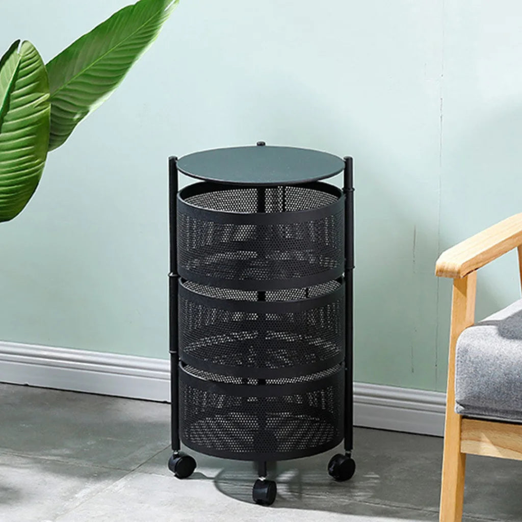 Steel Round Rotating Kitchen Cart 3 Tier Multi-Functional Shelves Portable Storage Organizer with Wheels