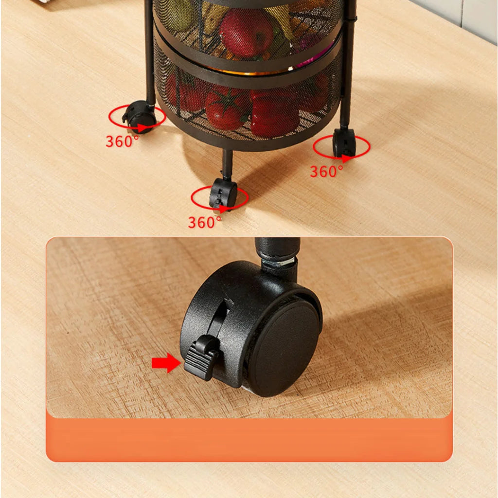 Steel Round Rotating Kitchen Cart 3 Tier Multi-Functional Shelves Portable Storage Organizer with Wheels
