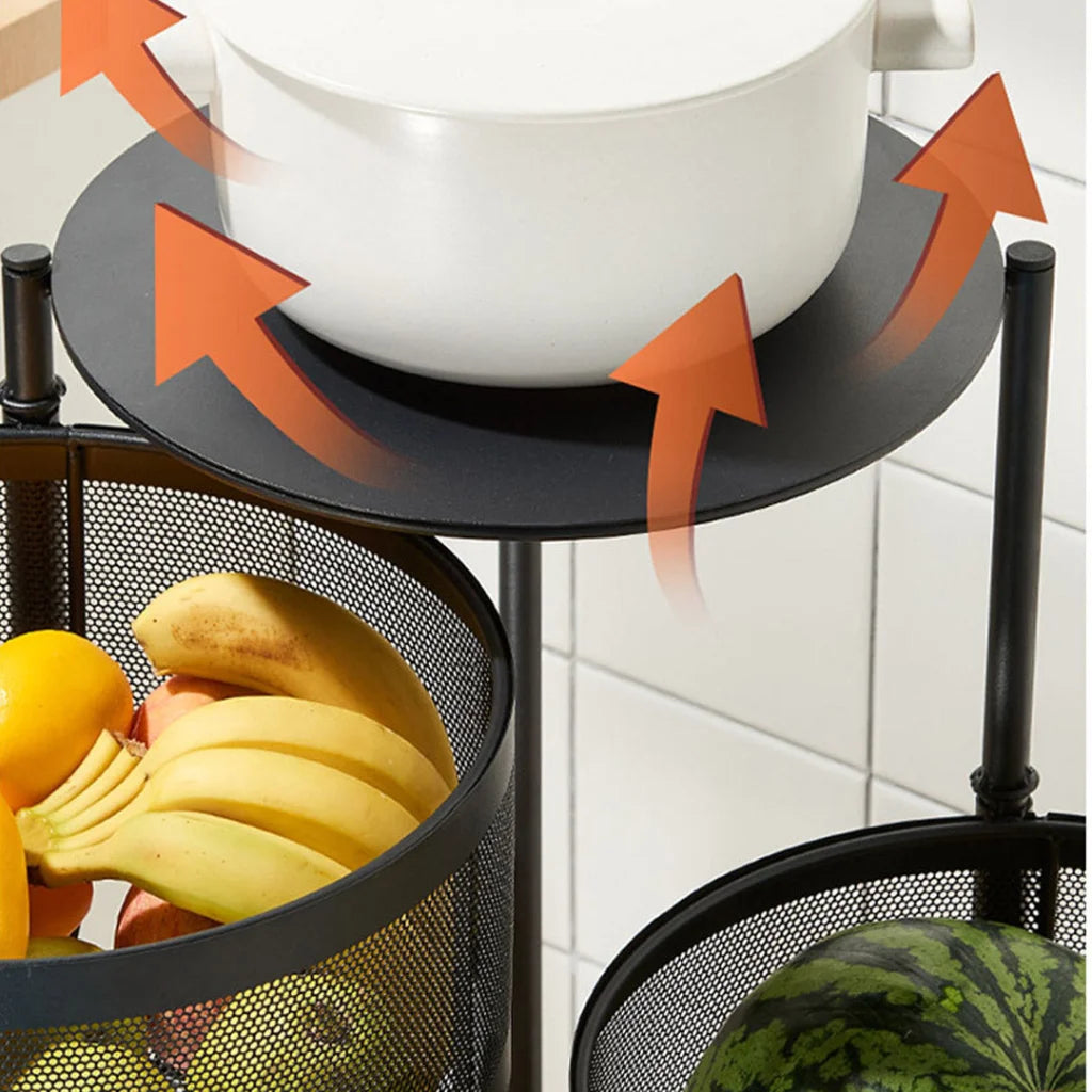 Steel Round Rotating Kitchen Cart 3 Tier Multi-Functional Shelves Portable Storage Organizer with Wheels