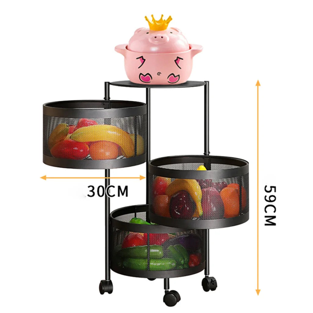 Steel Round Rotating Kitchen Cart 3 Tier Multi-Functional Shelves Portable Storage Organizer with Wheels